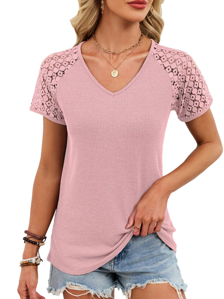 Crochet lace sleeve waffle knit V-neck top