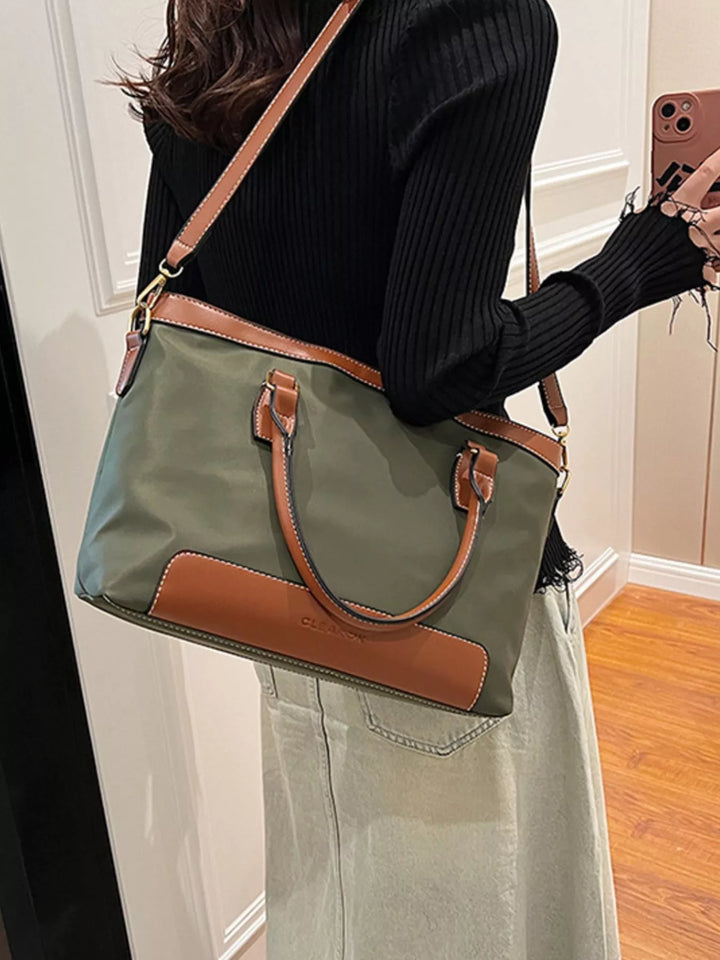 Two-tone PU leather tote bag with detachable crossbody strap