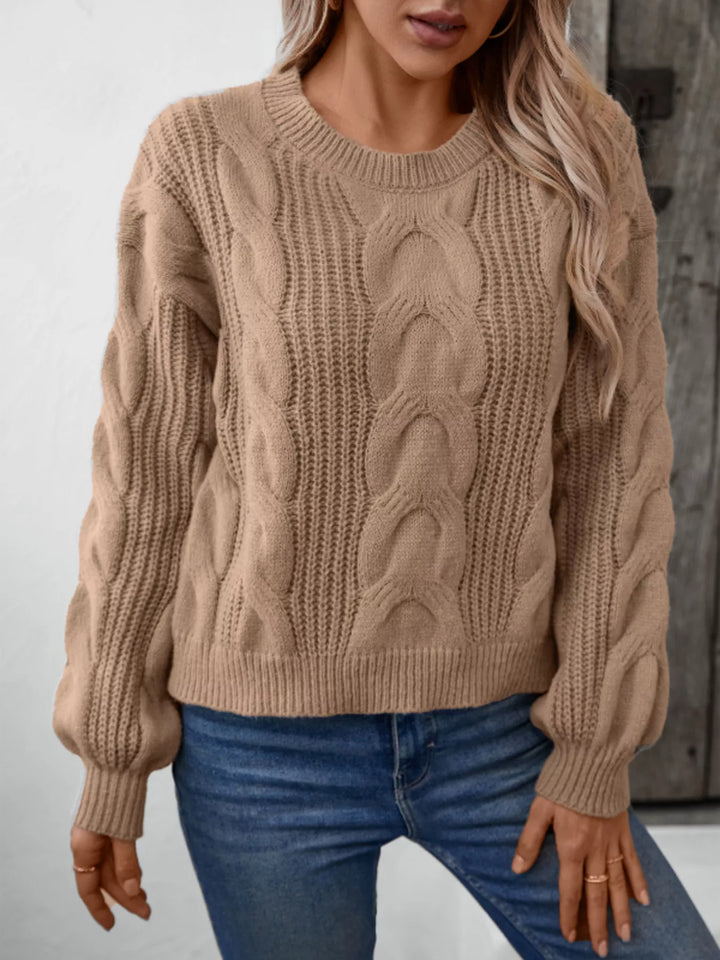 Cable knit crew neck pullover sweater with balloon sleeves