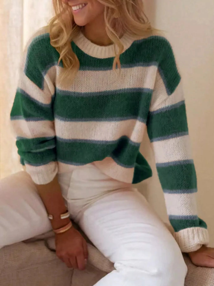 Army Green Striped dropped-shoulder crewneck knit sweater