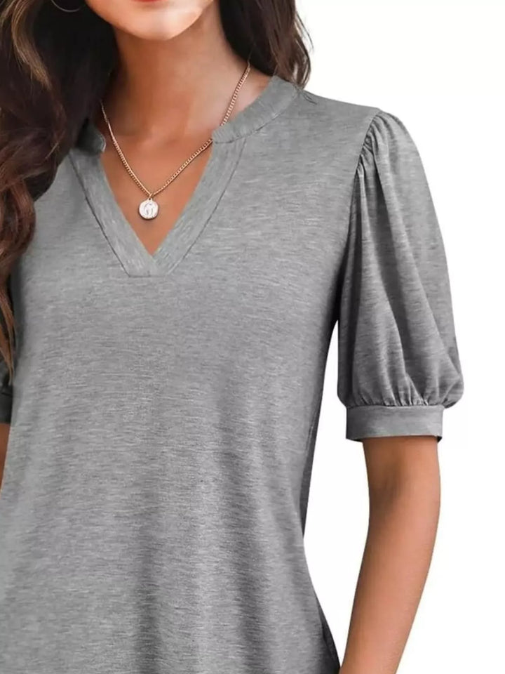 Short puff sleeve notched V-neck casual tee