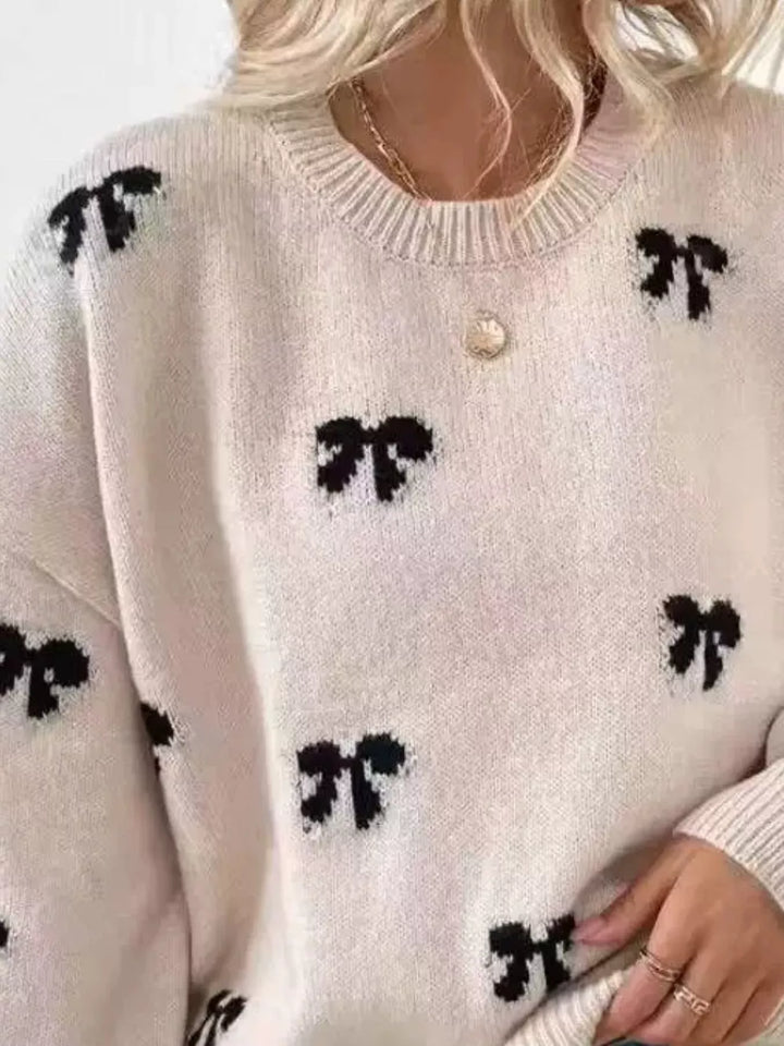 Bow print drop shoulder crew neck sweater