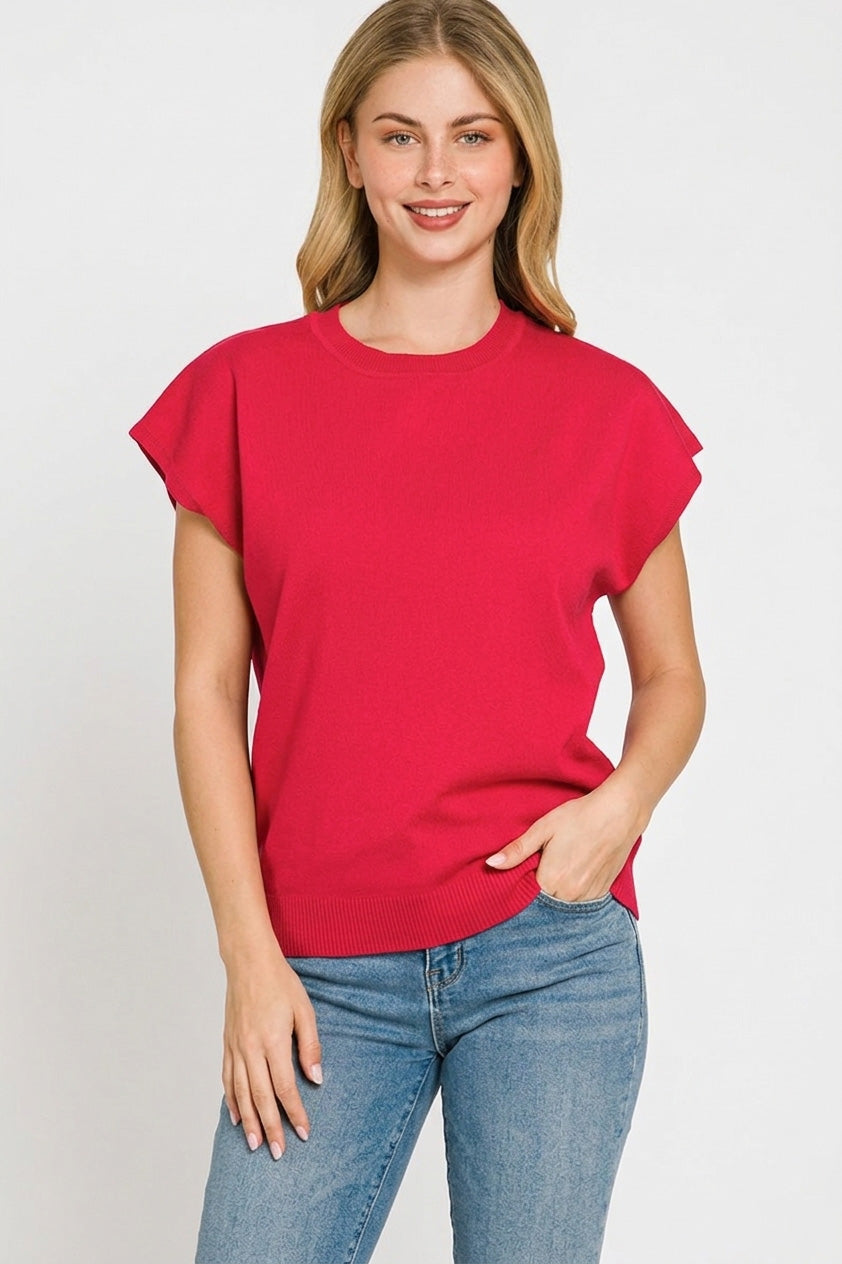 Short sleeve knit sweater top with ribbed crew neck