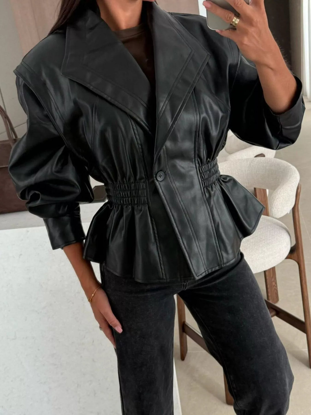 Black Faux leather peplum jacket with ruched waist