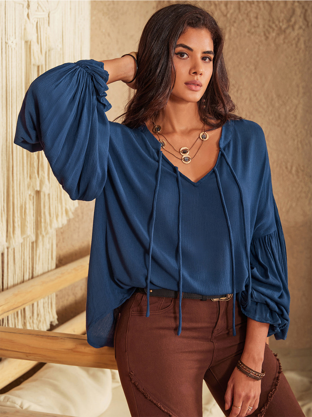 Tie neck balloon sleeve blouse with split V-neck