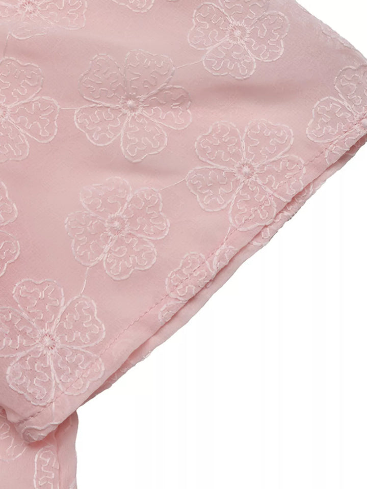 Sheer floral embroidered blouse with pearl-trim neckline