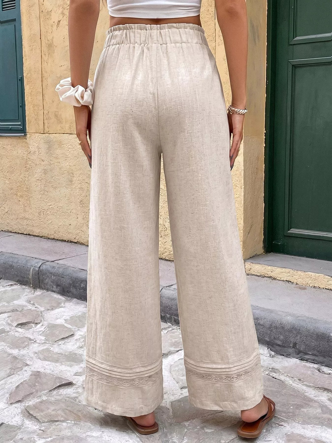 Drawstring wide-leg linen-blend pants with lace-trim hem