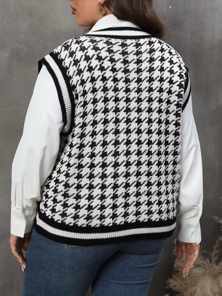 Houndstooth V-neck knit sweater vest with striped rib trim