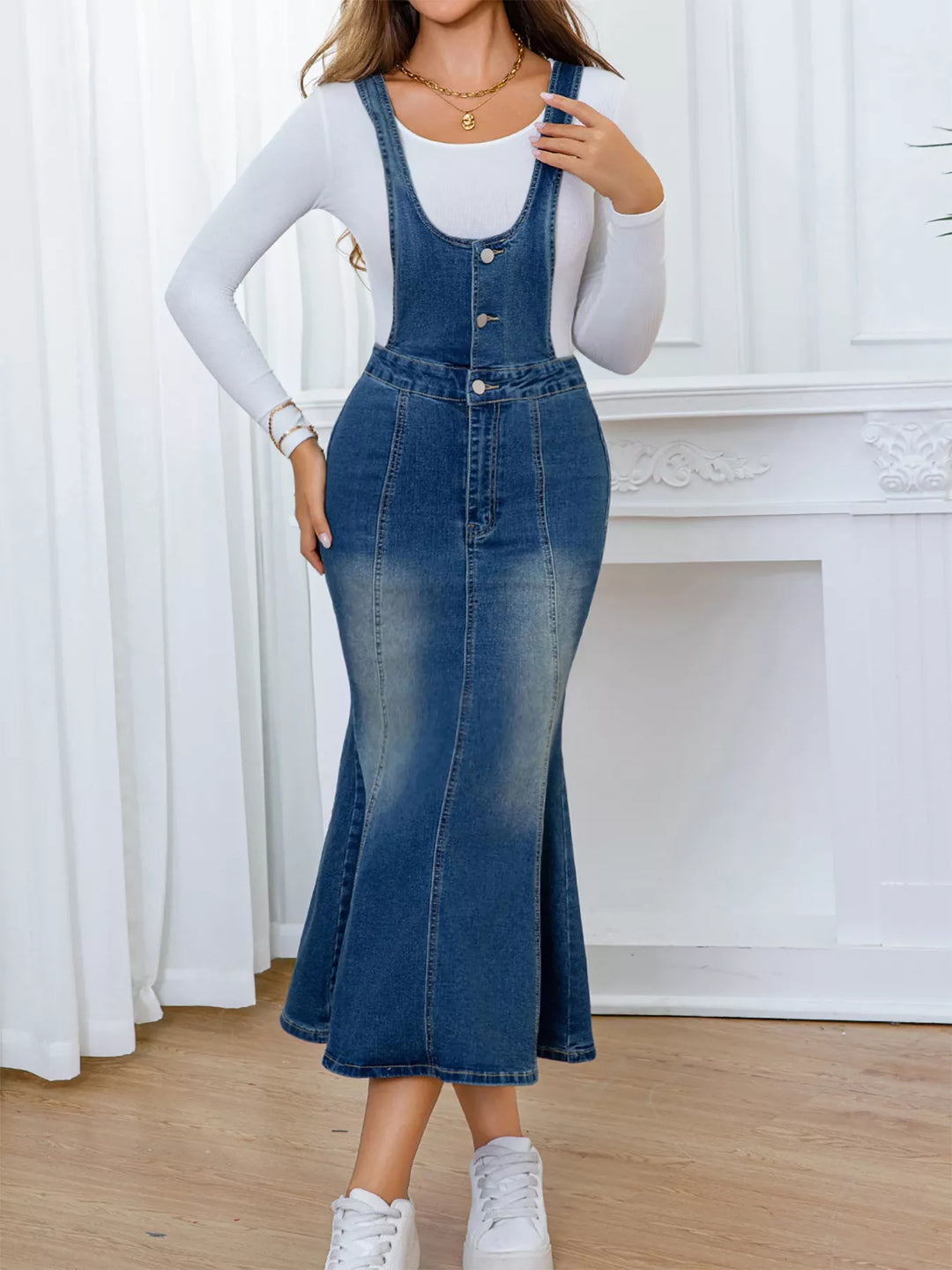 Button-front denim overall midi dress with fishtail hem