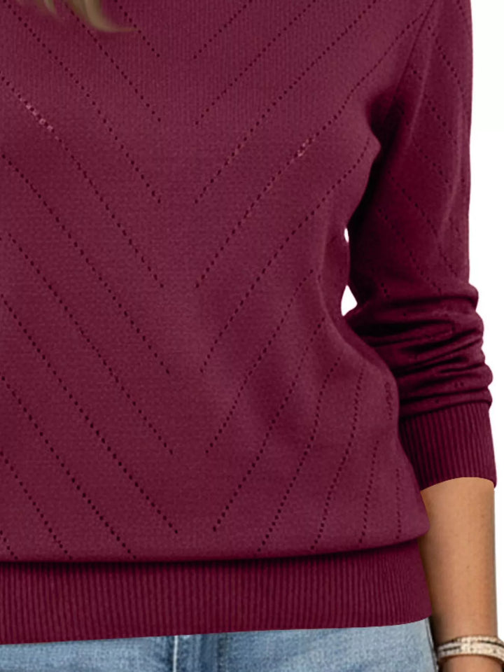 Openwork chevron knit crew neck pullover sweater