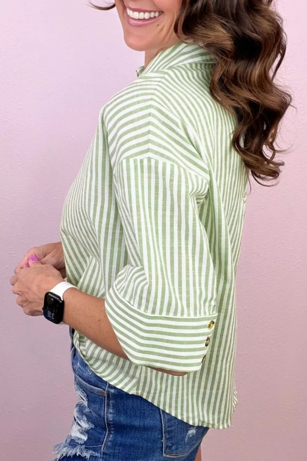 Striped collared popover blouse with half sleeves