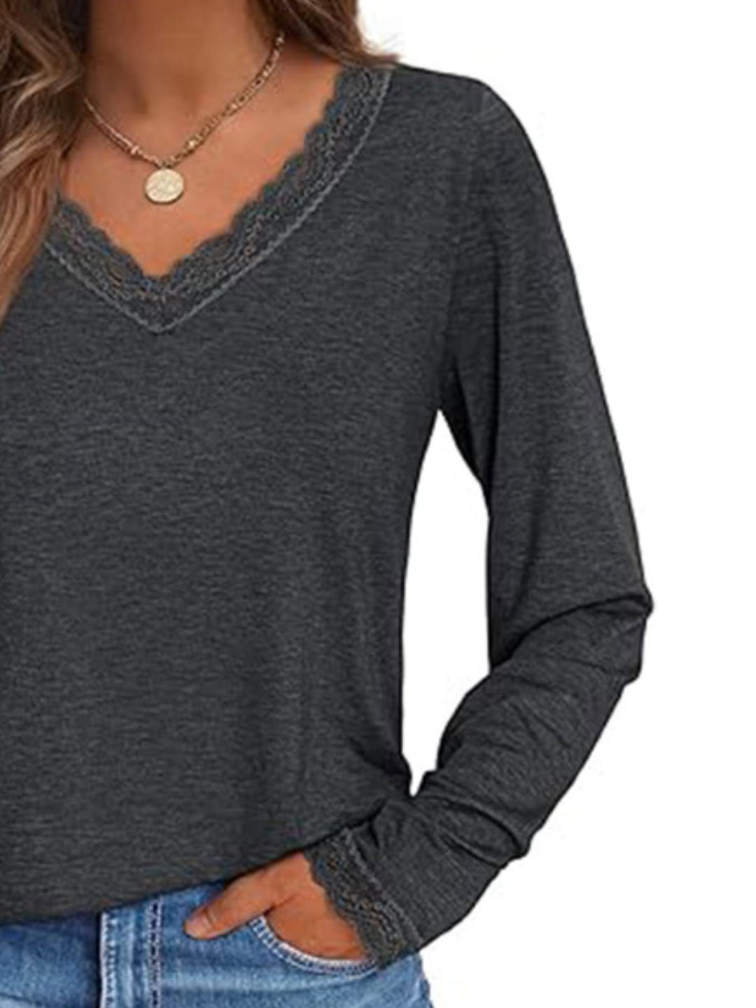 Lace trim V-neck long sleeve top with lace cuffs