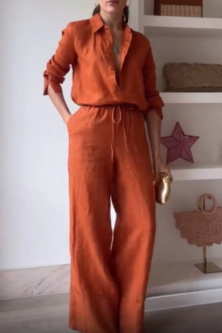 Long sleeve button-down shirt and wide-leg drawstring pants set