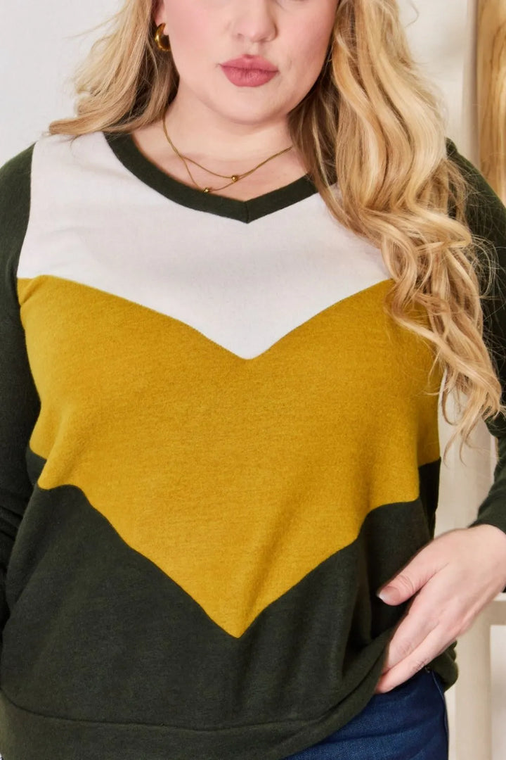 Color block chevron knit V-neck top with long sleeves