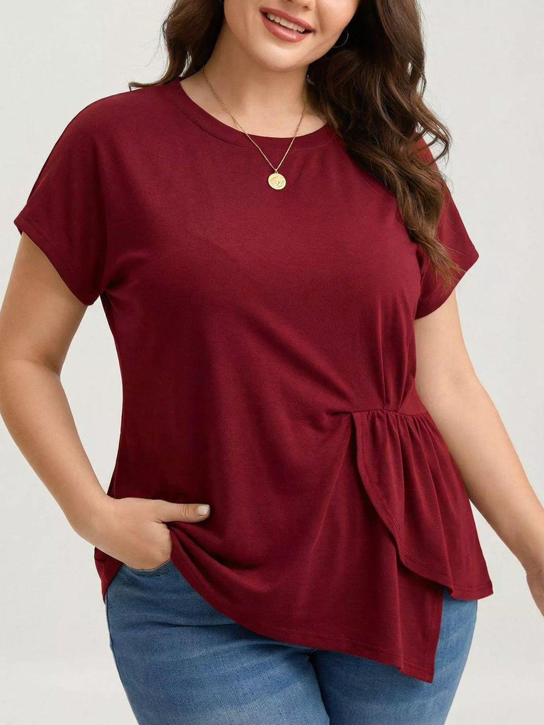 Burgundy Plus size ruched side ruffle short sleeve top