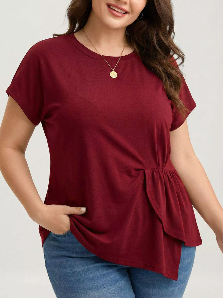 Burgundy Plus size ruched side ruffle short sleeve top