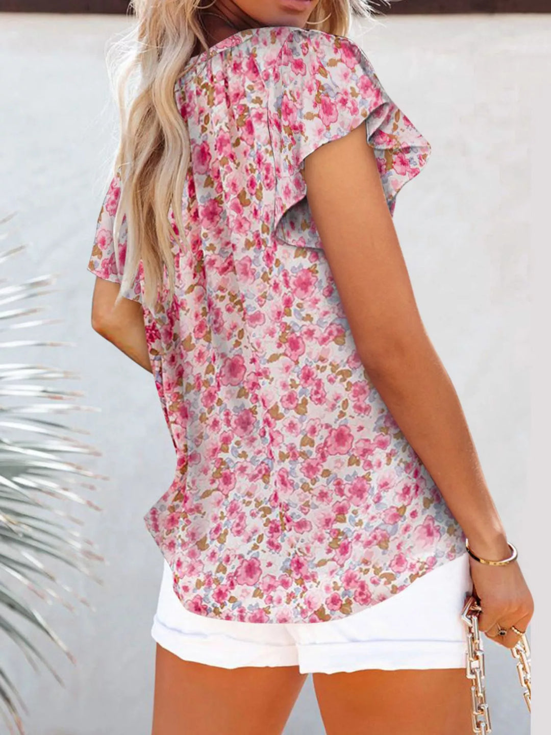 Floral print flutter sleeve V-neck blouse