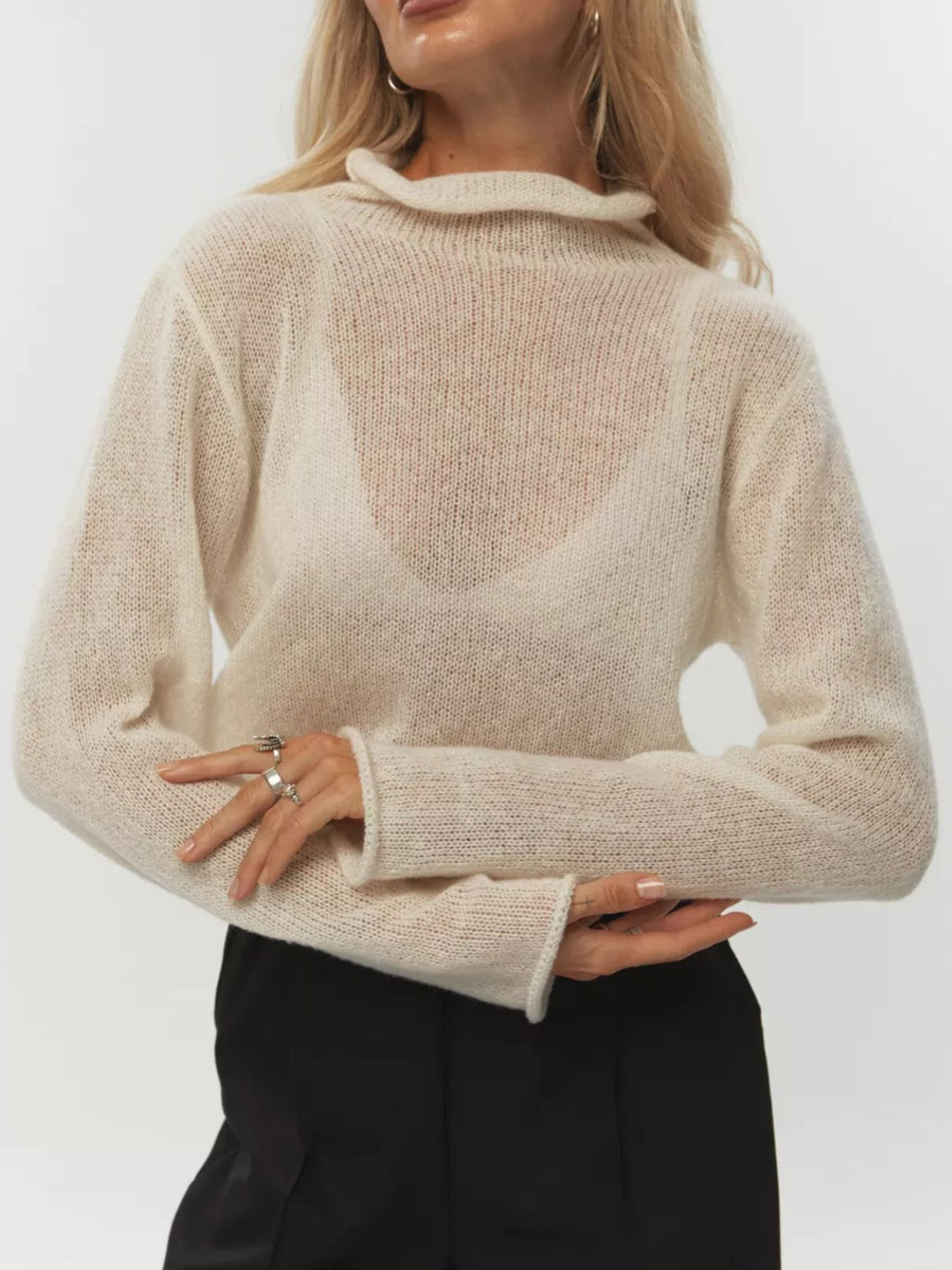 Sheer open-knit mock neck sweater with long sleeves