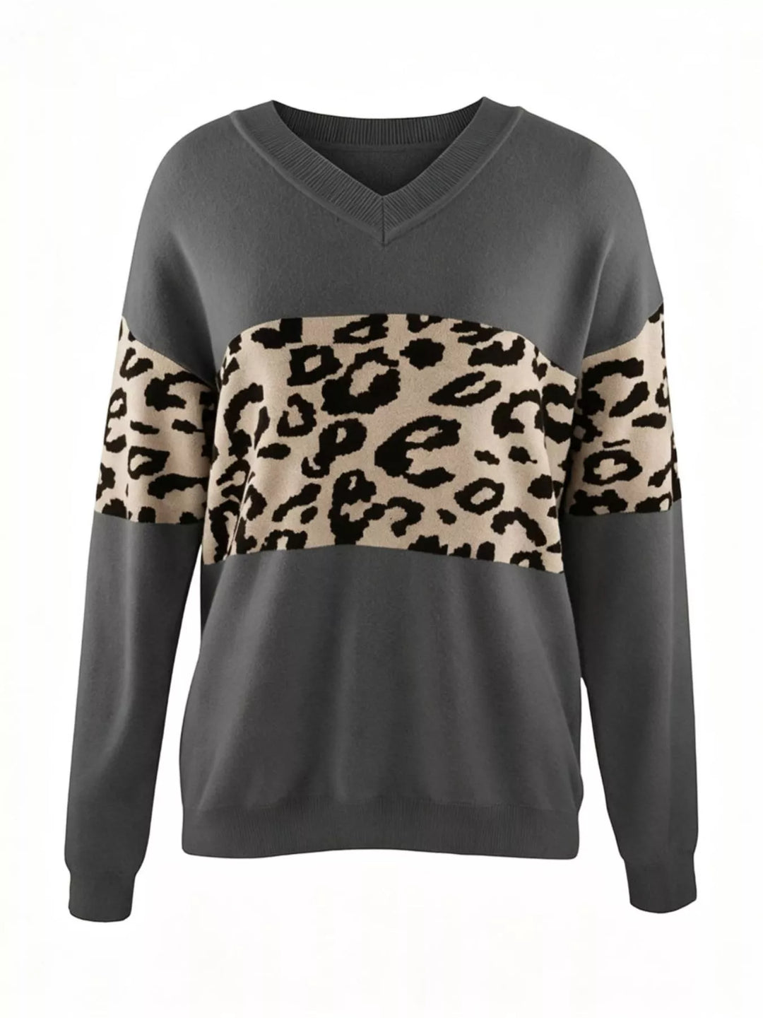 Dark Gray Leopard colorblock V-neck drop shoulder knit sweater