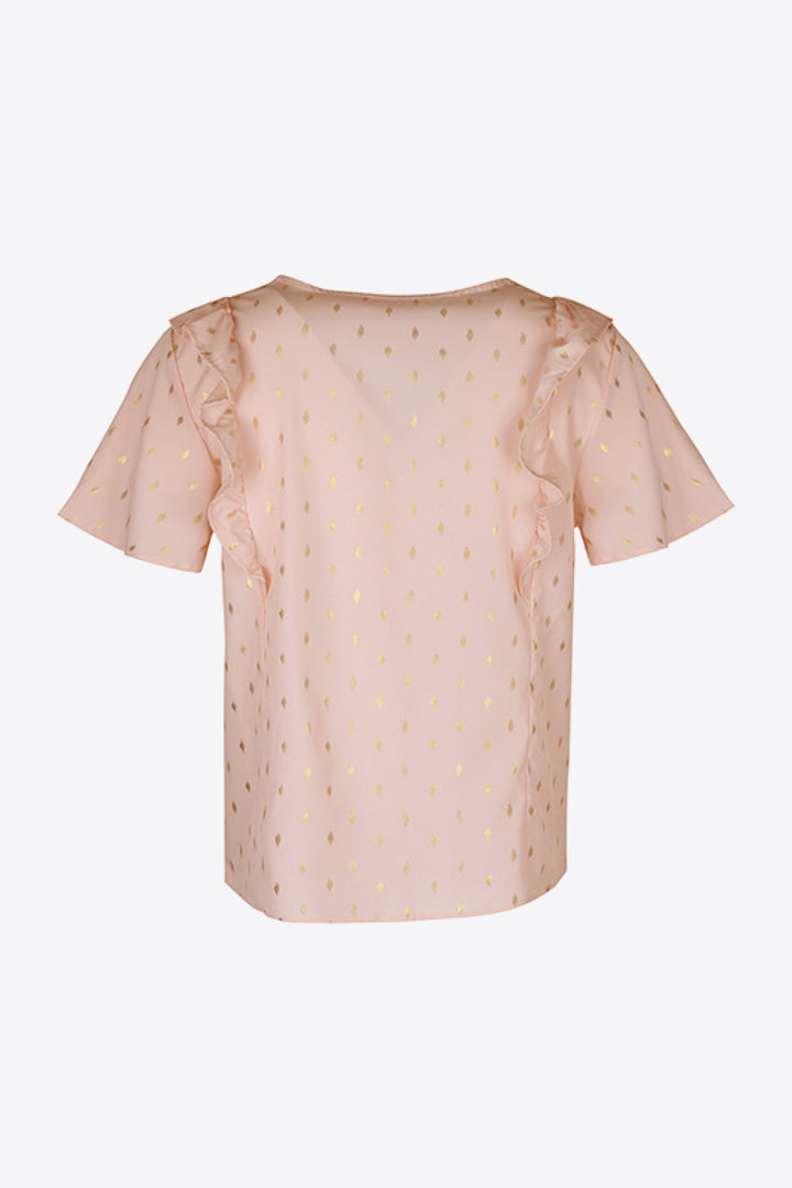 Ruffle trim pintuck blouse with gold foil dot print