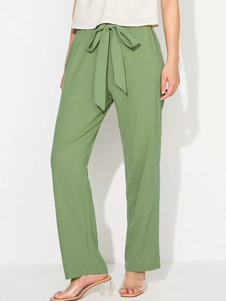 Wide leg pull-on pants with drawstring tie waist