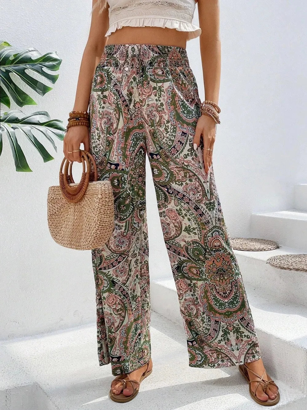 Paisley print wide-leg pants with drawstring waist