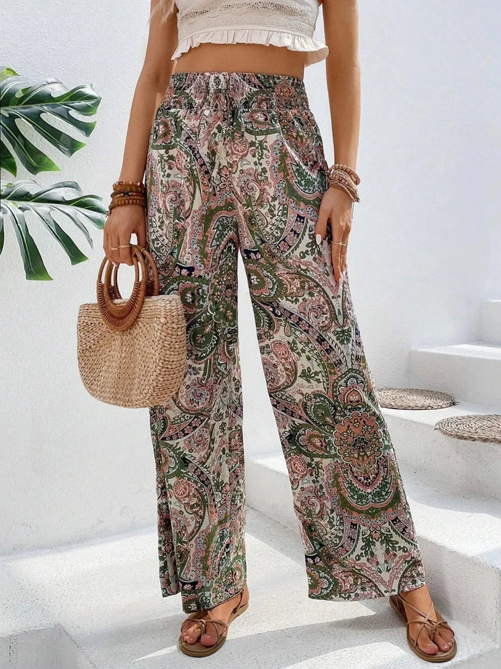 Paisley print wide-leg pants with drawstring waist