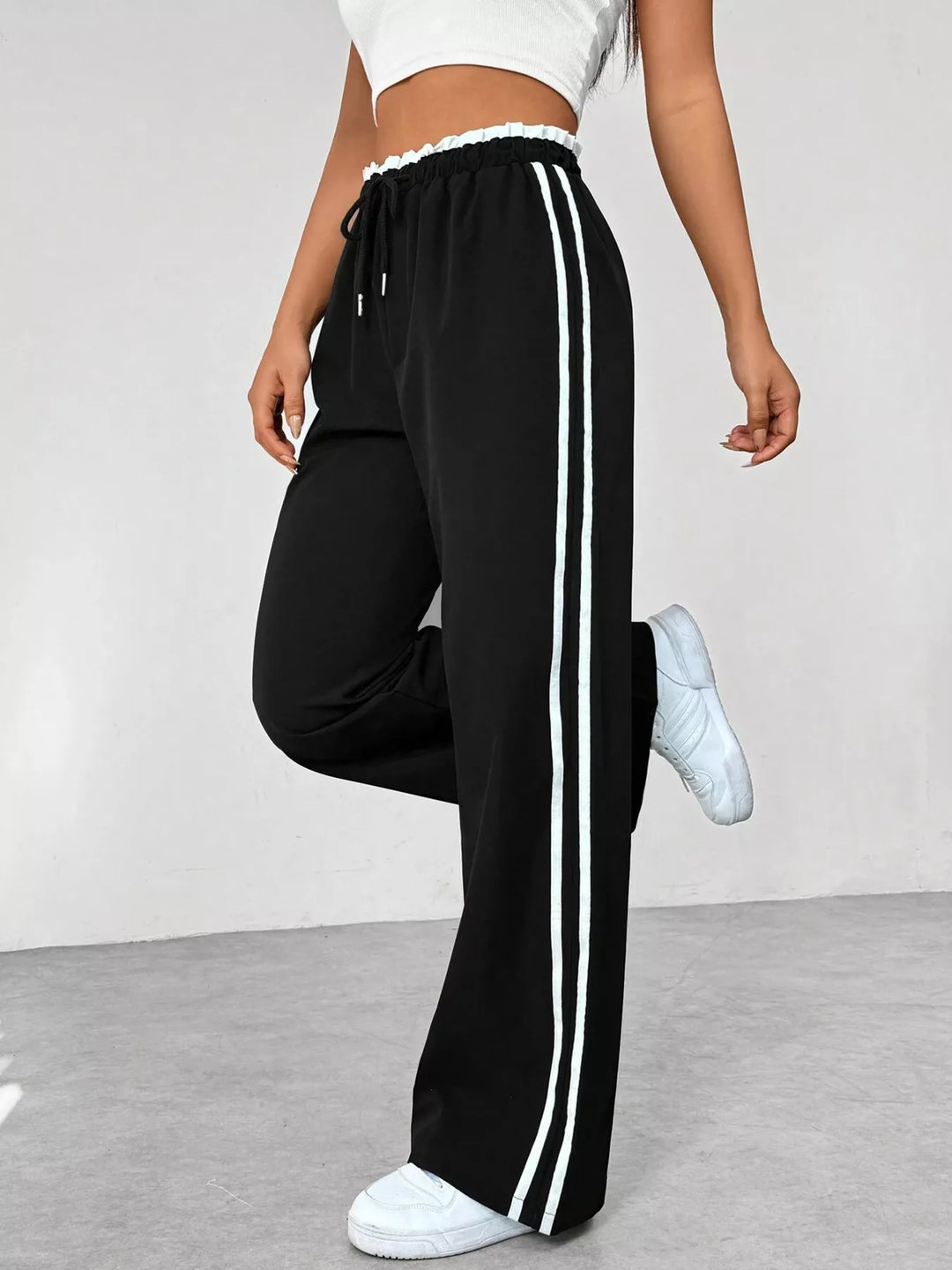 Black Striped side wide-leg track pants with drawstring waist
