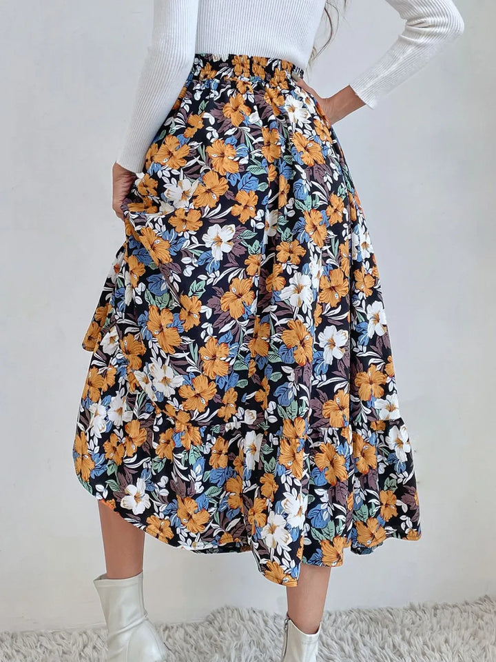 Flared ruffle-tier midi skirt with elastic waist