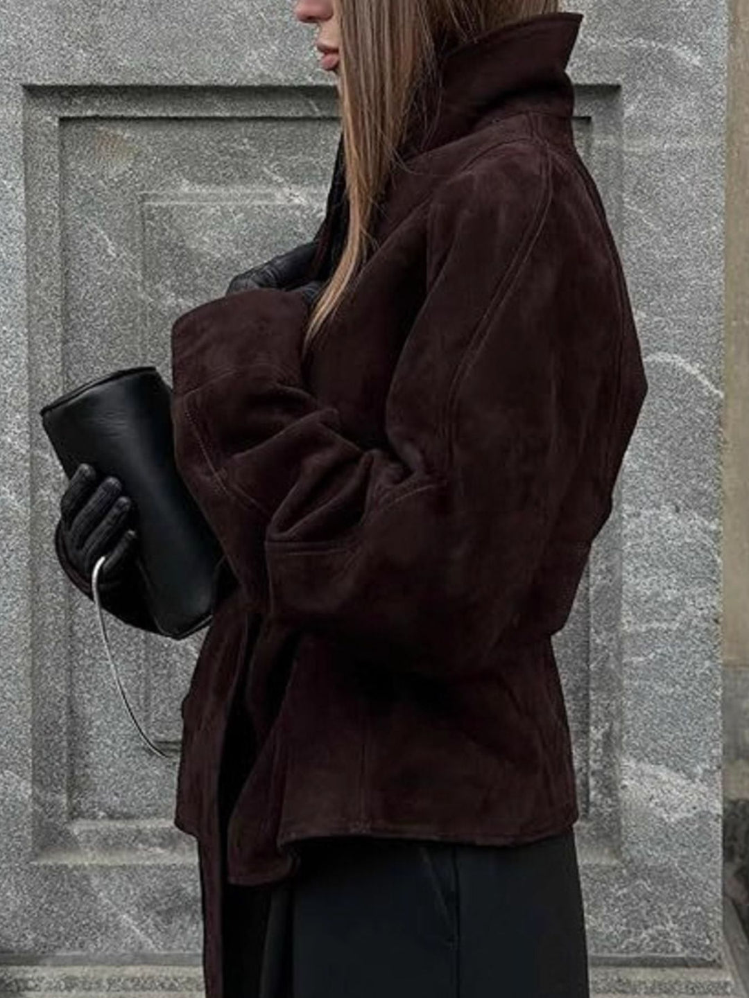 Tie-waist faux suede wrap jacket with peplum hem