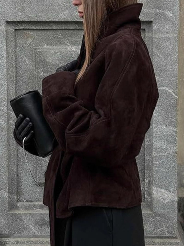 Tie-waist faux suede wrap jacket with peplum hem