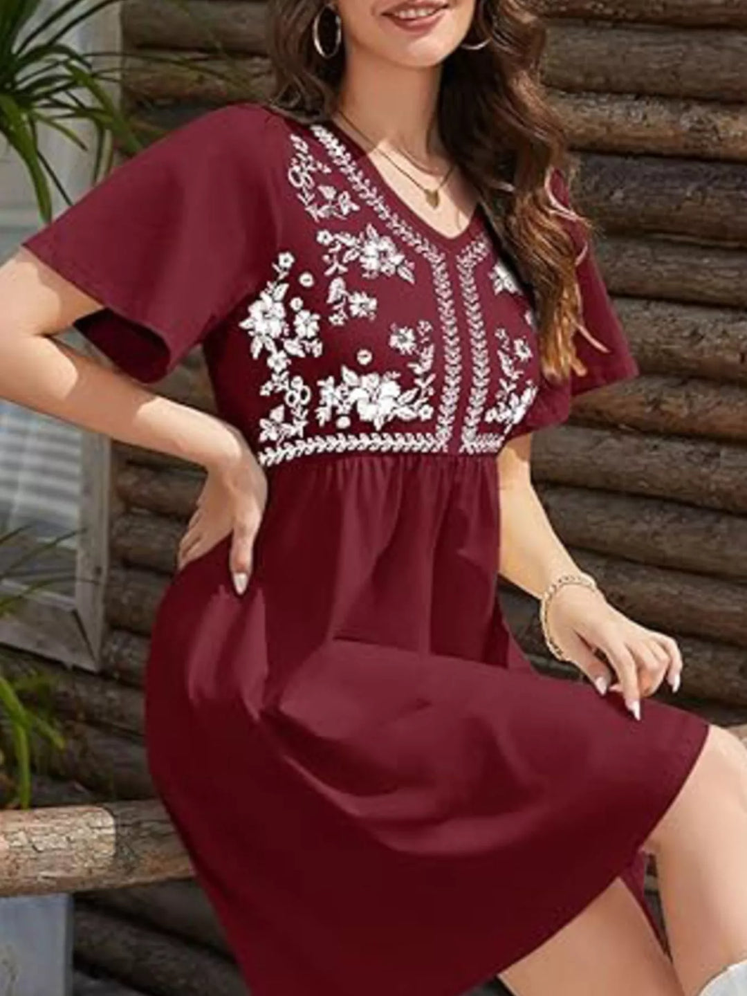 Burgundy Floral embroidered v-neck babydoll mini dress