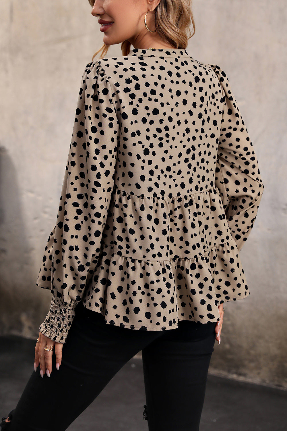 Animal print notched neck tiered lantern sleeve top