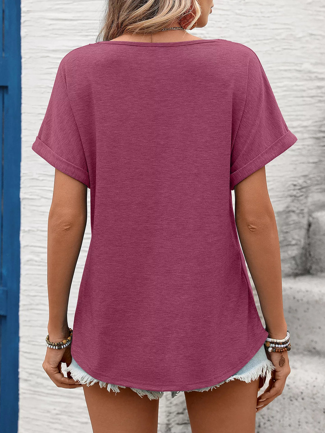 Lace-trim V-neck short sleeve top with rolled cuffs