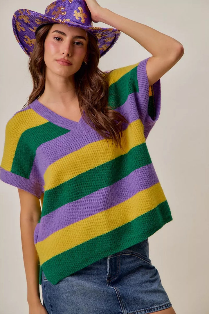 Ribbed striped V-neck short sleeve sweater top