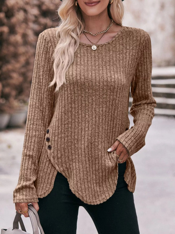 Camel Ribbed knit long sleeve top with side button hem