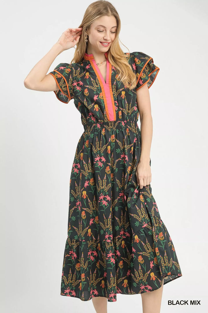 BLACK MIX Mixed floral tiered midi dress with flutter sleeves