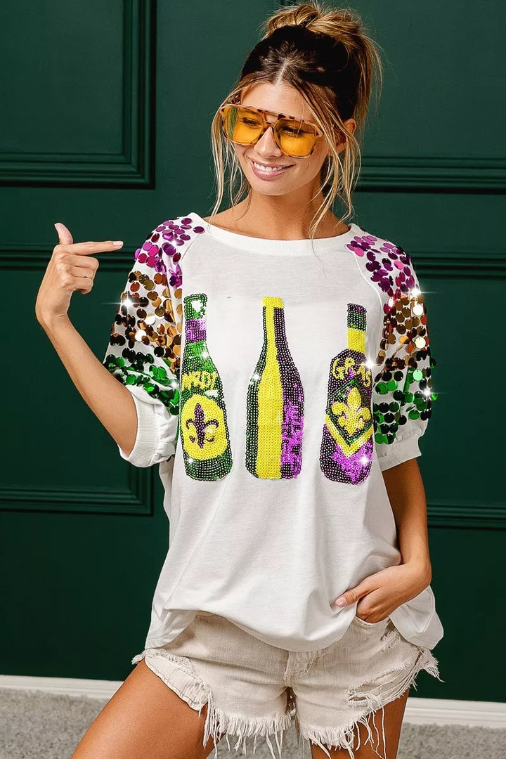 Sequin Mardi Gras bottles graphic tee with paillette sleeves