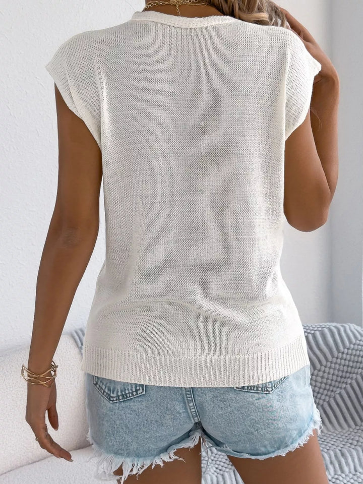 Pointelle cable knit button-up cap sleeve top