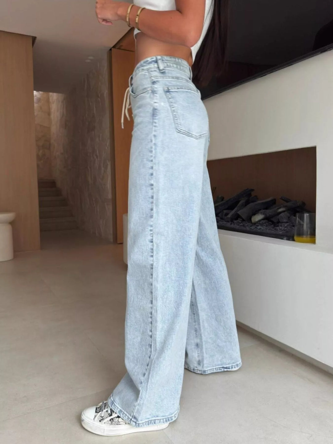 Lace-up corset-front high-rise wide leg jeans