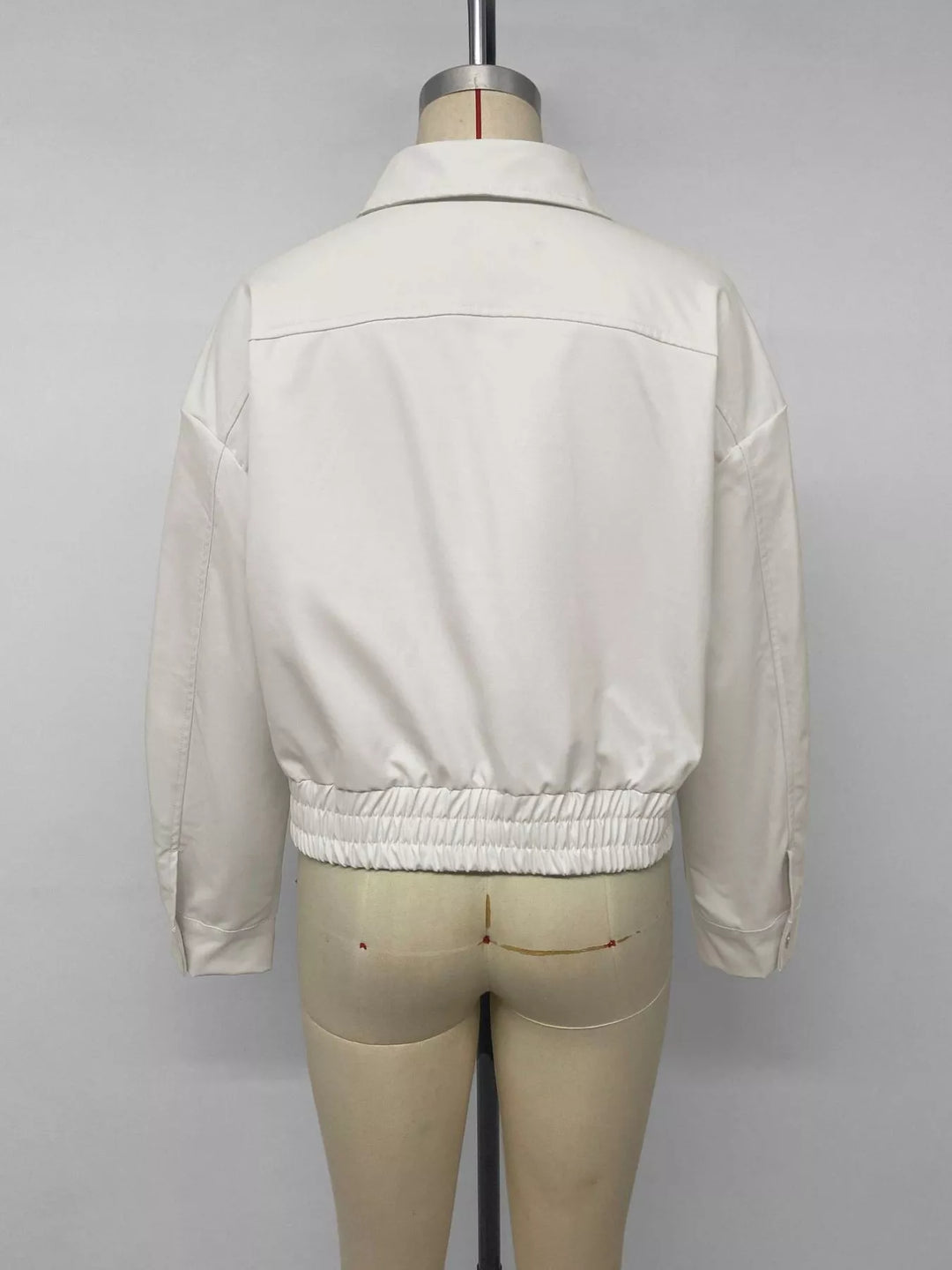 Cropped faux leather bomber jacket with collar and zip front