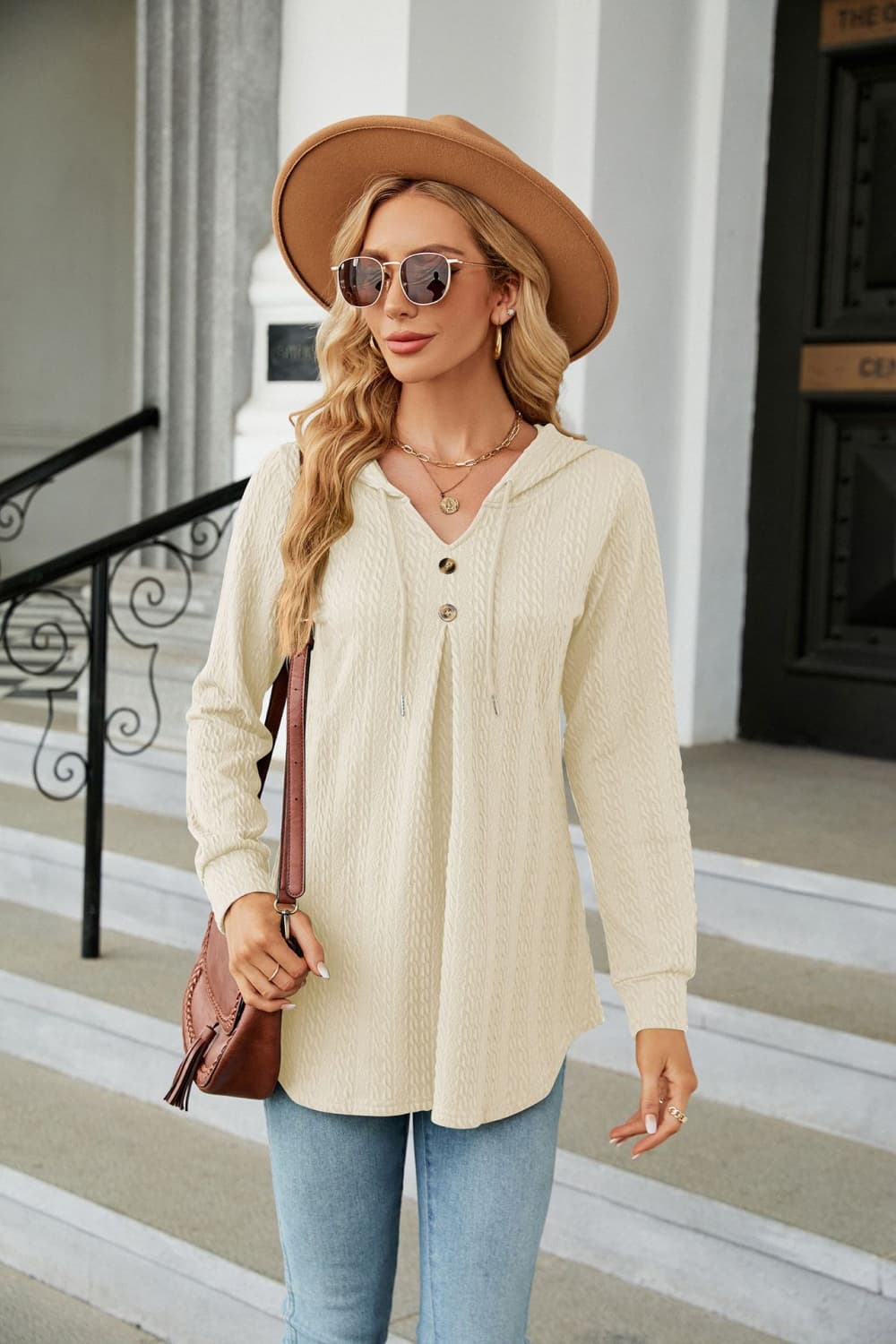 Ivory Cable knit hooded top with tie neck and button placket