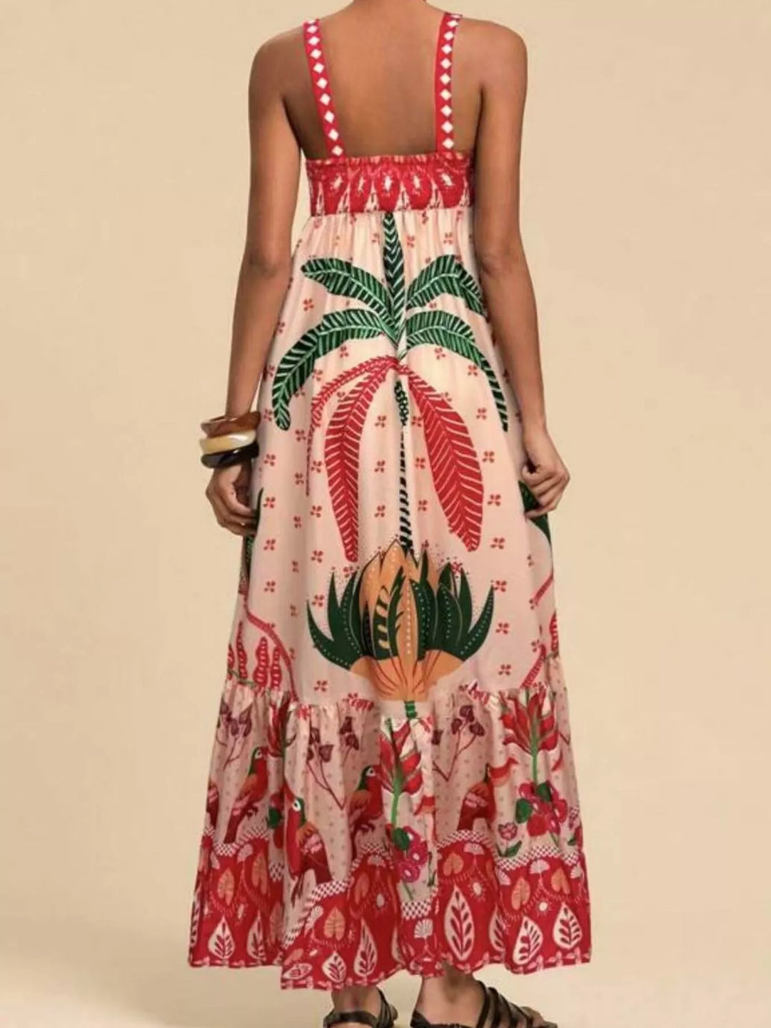 Tropical folk print square neck tiered maxi dress
