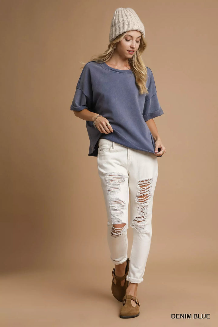 Mineral wash oversized round neck top with rolled sleeves
