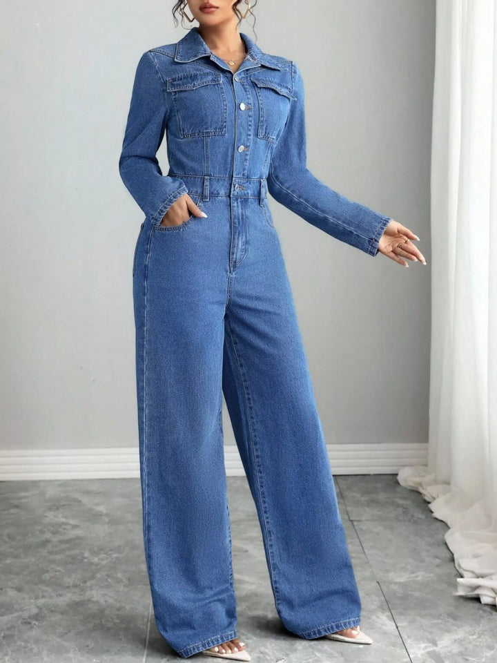 Button front wide leg denim jumpsuit with collar