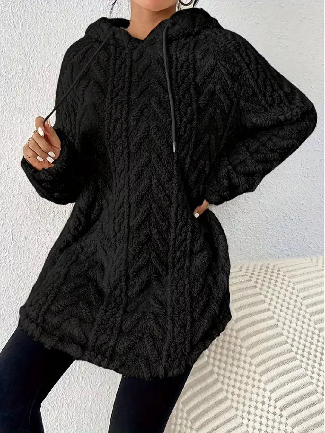 Black Textured cable-knit fleece pullover hoodie with drawstring