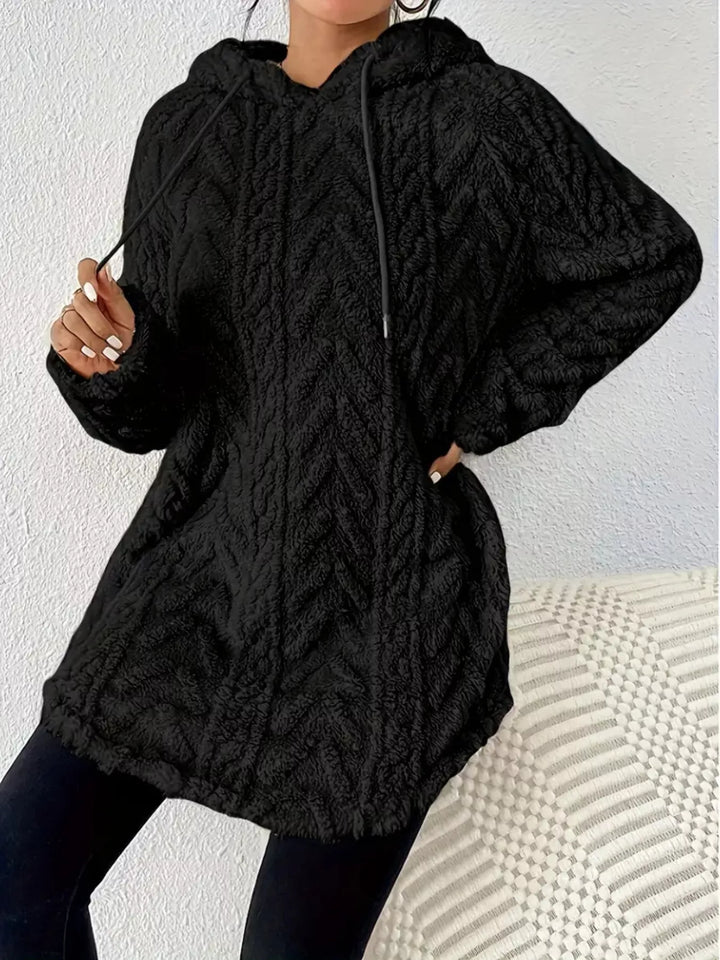 Black Textured cable-knit fleece pullover hoodie with drawstring
