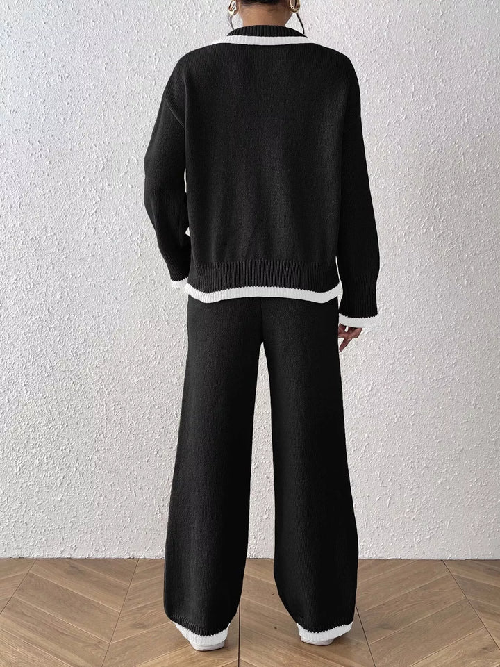 Contrast trim polo collar sweater and wide leg pants set