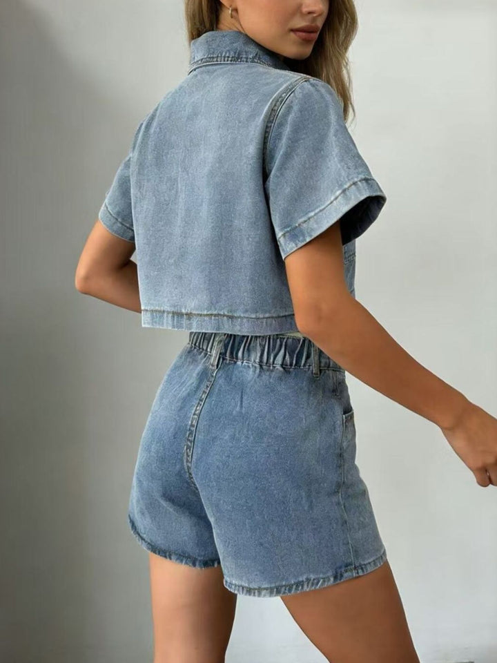 Cropped denim button-up top and mini skort set