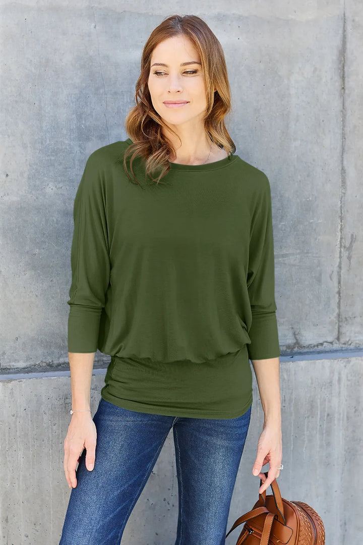 Army Green Batwing sleeve top with banded blouson hem